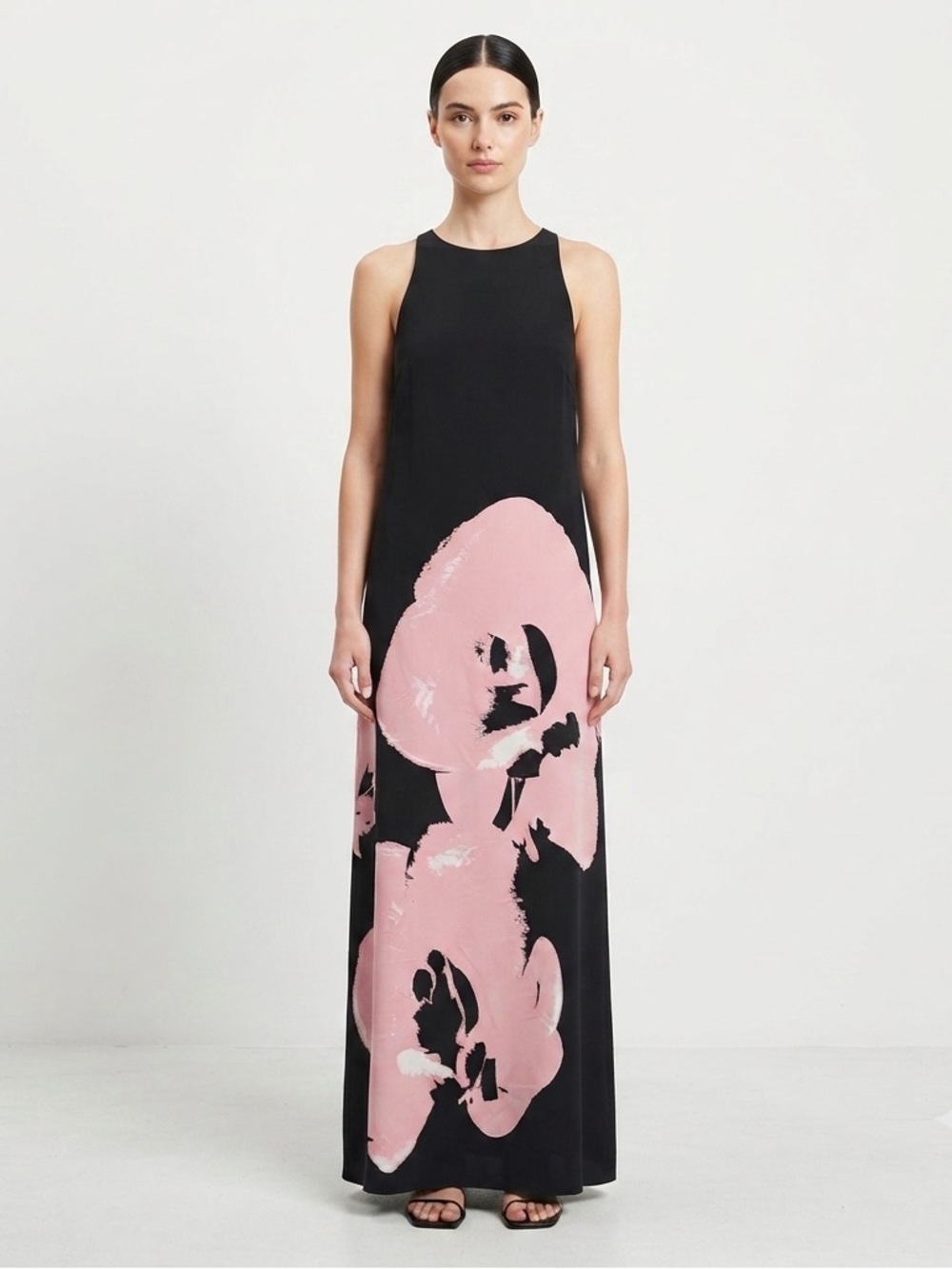 NWT Halston Heritage Silk Maxi Dress 10 Black Pink Floral Open Back Ring